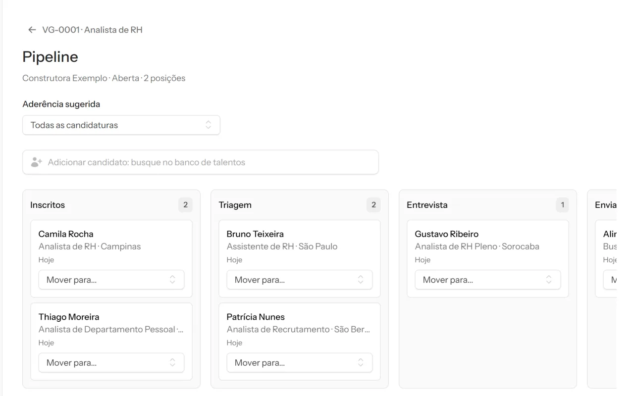 Painel do Rekru: o kanban de uma vaga, com os candidatos em cada etapa